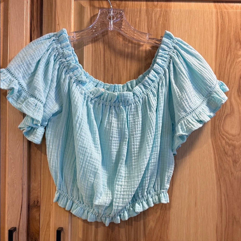 Ocean Drive Sky Blue Ruffled Off Shoulder Cropped Cotton Blouse Top Size M